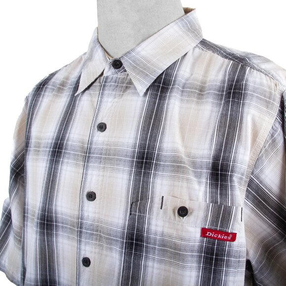Vintage 90s Dickies short sleeve plaid button shirt mens 2XL black white beige - Picture 5 of 9